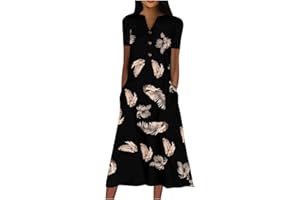 MICKURY Kleider Sommer, Damen V-Ausschnitt Knopf Kurze Ärmel Kleid Floral Print lässig langes Kleid mit Taschen