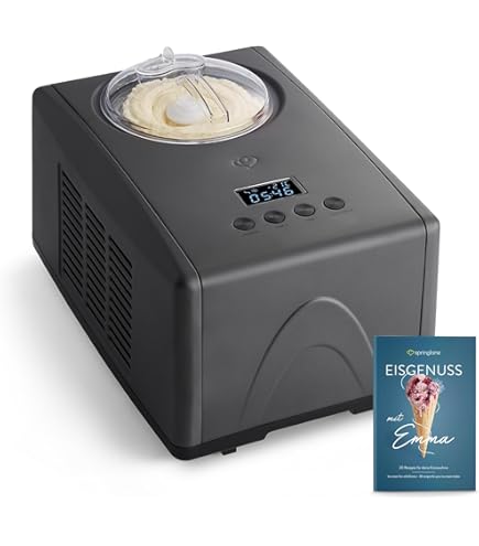 Springlane Elisa IJsmachine en yoghurtbereider, 2,0 l, met zelfkoelende compressor, 220 W, van roestvrij staal met koel- en verwarmingsfunctie (Elisa antraciet, ijsmachine 4 ijsbakjes, grijs