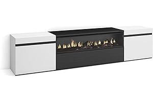 Skraut Home | Mueble TV | Televisión | Muebles de salón, almacenaje | 200x45x35cm | para TV hasta 80" | Chimenea eléctrica | Estilo Moderno | Blanco y Negro