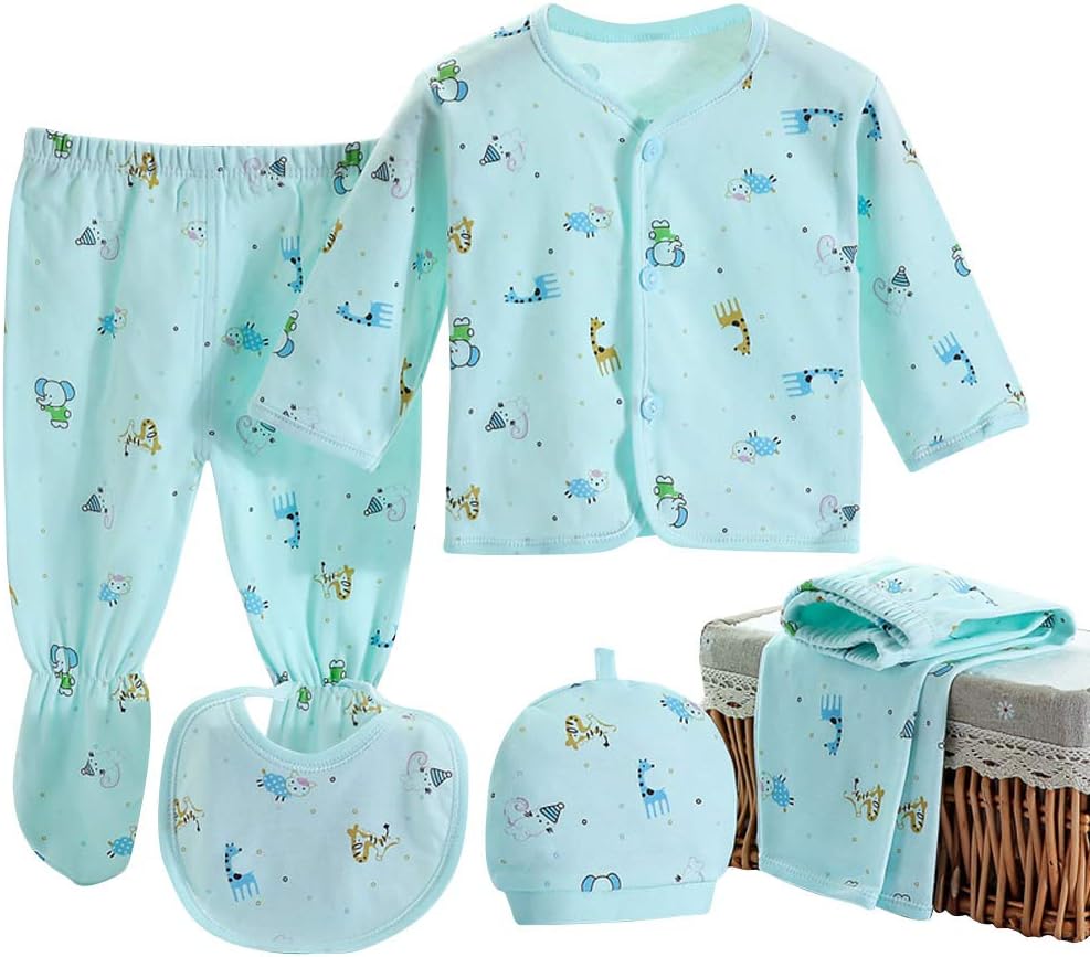 wocharm 5PCS Cartoon Sets Newborn Baby Boy Girl Long Sleeve Tops+Hat+Pants +Bib Outfit