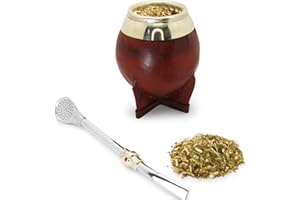 Qumir - Mate Torpedo Argentino Uruguayo de Calabaza Calebasse - Cuir cousu avec fil ciré - Bombilla en métal avec décoration incluse (Marron)