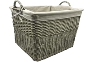JVL Antiques Wash Canvas Lined Rectangle Log Basket with Loop Handles, Medium