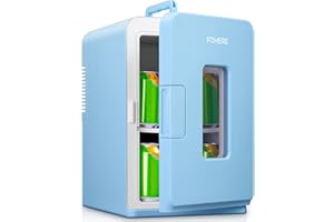 FOHERE Mini Nevera Pequeñas Portátil 12V/220V, 15L/21 Latas, Mini Frigorífico, Modo Silencioso, Función Frío/Calor, Refrigerador Cosmético/Skincare, Negro (Azul)