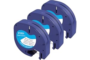 Molabel 91221, 3 unidades, negro sobre blanco, 12mm x 4m, compatible con Dymo Letratag 91221, 91201 y S0721660, alternativa para etiquetas Dymo LetraTag.