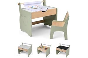 COSTWAY 3 en 1 Table Enfant avec Chaise en Forme d'Eléphant, Table et Chaise en Bois avec Tableau Amovible & Porte-Rouleau de Papier, Espace Caché, Bureau pour Dessiner Jouer, Charge 30/50 kg