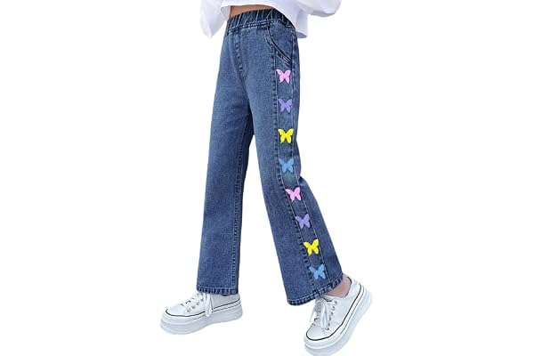 Haloumoning Flickjeans, fjärilstryck, denimbyxor, barn, säckig, jeans, vida ben, elastisk streetwear med fickor