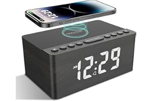 ANJANK Wooden Alarm Clock Bedside with FM Radio,10W Super Fast Wireless Charger Station for Iphone/Samsung Galaxy/Other Smart phone,USB Charging Port,Mains Powered,5 Level Digital Dimmable Led Display