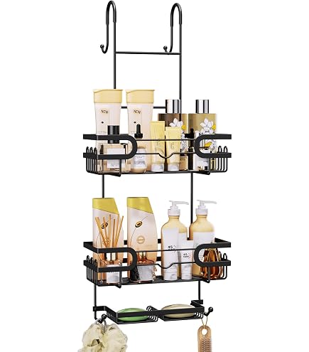 Orimade Duschregal Für Glastür – 3 Etagen Verstellbar, Mit Haken & Seifenhalter, Dunkelgrau, Rostfrei