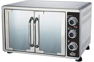 DCG Eltronic, MBS58 - Horno eléctrico ventilado de doble puerta, capacidad de 58 l, de acero inoxidable, color plata, con termostato ajustable, temperatura máxima de 230 °C, temporizador de 60 minutos
