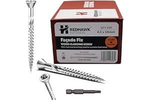 Box of 200 Redhawk Fasteners® Façade Fix Wood Cladding Screw | Stainless Steel | T-20 Torx Drive | Driver Bit Included | 4.5 x 50mm