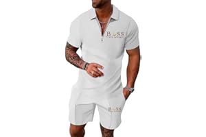 Tinarying Men's Tracksuit Polo Shirt & Shorts 2 Pieces Boss Flexx Apparel Men's 2-Piece Activewear Short Sleeve Polo Shirt and Shorts Set Casual Sportswear Zip-Up Top with Pocketed Pants