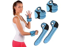 BAKAJI Set 2 Pesi per Polsi da 0,5 Kg Allenamento Palestra Aerobica Fitness Potenziamento Muscolare in Tessuto Neoprene con Foro per Pollice Chiusura Strappo Regolabile Peso Totale 1 Kg Azzurro