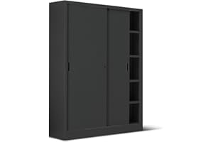 Tickoffice Armadio metallo ad ante scorrevoli e 4+4 ripiani 150x45x200H robusto ed affidabile, design essenziale per aziende, negozi, uffici (150x45x200, Nero.)