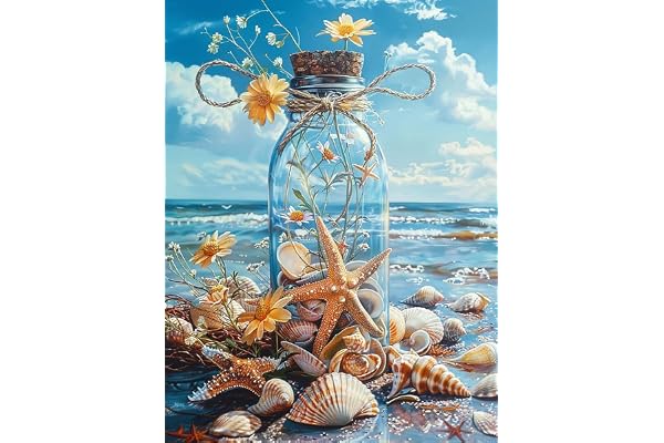 Bimkole 5D Diamond Painting DIY Kits Coquille, Bouteille De Plage Broderie Diamant Kits De Broderie Au Point De Croix Strass Rond Résine Peinture Décor à La Maison 30x40cm