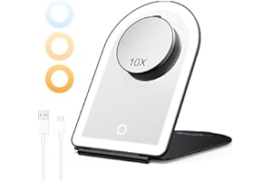 BESTOPE PRO Miroir Maquillage Lumineux Portable avec Grossissant 10X, Miroir à Coiffeuse LED Tactile Réglable - Éclairage 3 Couleurs, USB Rechargeable pour Voyage et Chambre, Noir