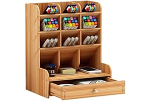 HGGZEG Organizador de escritorio de madera, multifuncional, con cajón, papelería, escritorio, organizador de escritorio, soporte para bolígrafos, para el hogar, la oficina y la escuela, color Cherry Wood