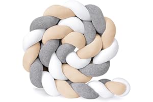 Hovoto Bettschlange Geflochten, Bettschlange, Kantenschutz Bettumrandung Knotenkissen, Seitenschläferkissen, Bettschlange Baby, Zierkissen Stillkissen, weißer Grauer Reis,2m