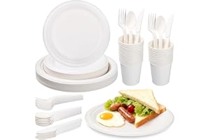 Cexovo Juego de 150 platos y cubertería, vajilla de fiesta, compostable, ecológica, de papel y cubertería, respetuoso con el medio ambiente, juego de fiesta y pícnic, incluye plato, cuchara, tenedor