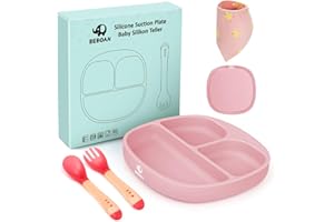BEBOAN Baby Teller, Silikon Saugplatte Set für Baby Kleinkinder und Kinder, Baby Tischset mit Saugnäpfen und Löffel+Gabel+Lätzchen, Tragbar BPA-freie Babyteller (rosa)