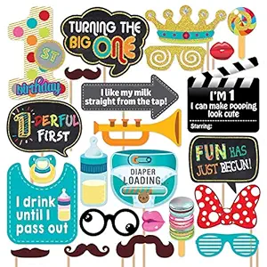 Party Propz First Birthday Photo Booth Props-24Pcs For 1st Bday Theme Supplies/Girl Boys Baby Kids Combo Decorations Items/Cake Smash/High Chair,Babies Room Decor/Photoshoot/Selfie/Funny Card Props