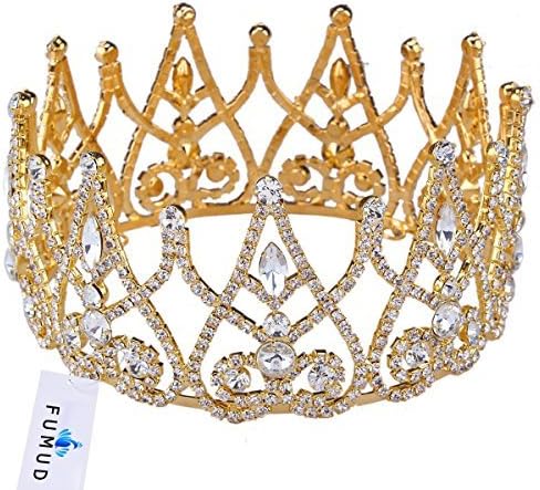 FUMUD 3 Rhinestone Crystal Full Circle Around Gold Prom Accessories Women's Crown Round Imperial Tiara Party Jewelry by FUMUD Jewelry