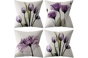 TIDWIACE Fundas de Cojines 40 x 40 cm, Juego de 4 Lino Fundas de Cojín Decoracion para Sofá,Dormitorio y Sala de Estar,con Cremallera Oculta，Flores moradas