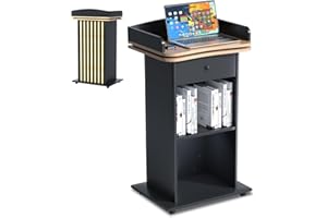 KAIWRXIN 43” Wooden Podium Stand with 3-Tier Storage Shelves & Lockable Wheels - Floor-Standing Lectern for Churches, Offices, Schools, and Conferences (Yellow Vertical Stripe Front Panel)