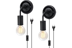 LAKONEI E27 Lámpara de Pared Vintage, 2 Piezas Lámpara de Pared Industrial con 180 CM Cable y Interruptor, Lámpara de Pared Rústica, Aplique de Pared Interior para Dormitorio, Atico