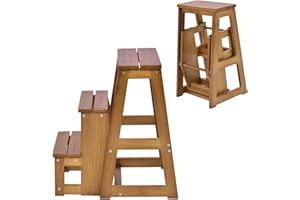 DREAMADE Escabeau Pliant en Bois Marchepied 3 Marches 57x38x66CM avec Patins Antidérapants Tabouret Escalier Multifonctionnel Charge 150KG pour Enfant&Adulte (Naturel)