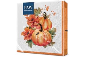 PAW DECOR COLLECTION PAW - Tovaglioli di Carta Colorati (33 x 33 cm) I 20 Pezzi I Tovaglioli Compleanno I Autunno, Zucca, Fiori I Tovaglioli di Carta Decorati per Compleanni e Feste I Pumpkin With Flowers