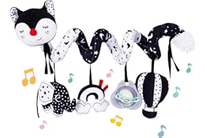 Koty Autositz-Spielzeug, Baby-Spirale, Plüsch, zum Aufhängen, für Kinderwagen, Bar, Kinderwagen, Kinderbett, mit Spieluhr, BB-Quietscher und Rasseln（Schwarze und weiße Füchse）