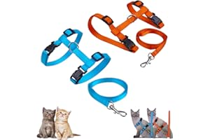 Morices 2 Pack Cat Harness and Leash, Adjustable Comfortable Nylon Pet Strap Collar with Leash, Escape Proof Safety Rope Leads Chest Strap for Kitten Puppy Rabbits Walking Training (Orange & Blue)