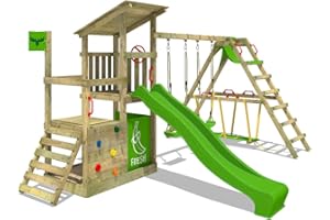 Fatmoose Parque Infantil FruityForest Fun XXL con anexo de Surf, Columpio y tobogán Verde Manzana, Torre de Escalada Infantil de Exterior con arenero, Escalera y Accesorios de Juego para el jardín