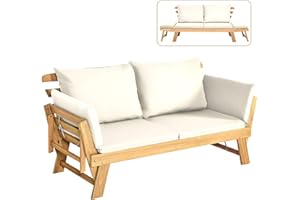 COSTWAY Divano Letto 2 Posti da Esterno in Legno di Acacia con Braccioli Regolabili, Sdraio da Giardino con Cuscini, Chaise longue Pieghevole per Giardino, Piscina, Cortile (Bianco)