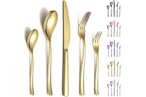 Berglander Juego de cubiertos de oro de 30 piezas, resistente acero inoxidable chapado en titanio Tenedores y cucharas dorados a prueba de óxido, apto para lavavajillas
