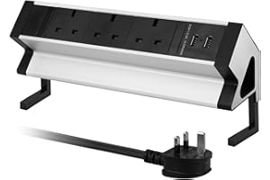 HANNELORE Desk Power Socket Extension Lead with 2 USB, 3 Way Plug Desk Clamp Power Strip, Aluminum Alloy Desktop Mounted Power Extension Connect 1.8M Power Cord for Table Worktop Home Office School 2500W/13A