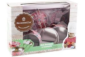 ODS - Maisonelle, Pentole in Metallo Colorate, 2 Pentole, 1 Padella, 3 Utensili, Accessori Cucina Giocattolo per Bambini, Età Consigliata +3