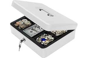 HZSZJMN Money Box, 30x24x9cm Money Tin with Lock, Lockable Cash Box, Locking Metal Safe Box with 2 Keys, Cash Boxes with Keys to Keep Money Safe (Whtie)