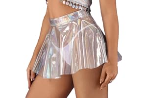 Flovel Women's Flared Pleated Skirt Shiny See Through Skirts High Waist Mini Skirt Nightclub Rave Party Glitter Skirt for Women and Girls