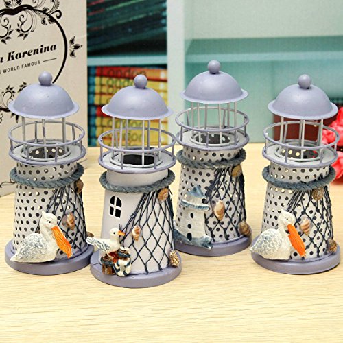 KING DO WAY Leuchtturm Mini leuchtturm deko Mittelmeer Stil Kerze Teelicht Haus Zimmer Deko Eisen Lighthouse in Muster zufaellig versendet 14.5 x7cm - 4
