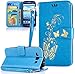 Produktbild Roreikes Schutzhülle für Samsung Galaxy A3 (2015) SM-A300F, Hülle Muster Blume Strap Lanyard Wallet Cover Tasche golden Butterfly Blume PU Leder Flip Case Handytasche Muster Schutz Hüllen im Bookstyle Handyhülle Ledertasche mit Stand Funktion Kartenfächer Magnetverschluss Magnet Etui Schale Schutzhüllen für Samsung Galaxy A3 (2015) SM-A300F - Blau