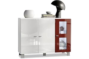 ‎VLADON Vladon Sideboard Denjo, Kommode mit 3 Türen, Weiß matt/Weiß Hochglanz/Bordeaux Hochglanz, inkl. LED-Beleuchtung (107 x 81 x 35 cm)