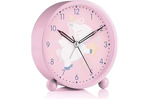 VORRINC Despertador Infantil con Luz Nocturna, Despertador Analógico para Niños, Función de Repetición de Alarma, Compacto, No Tictac, para Viajes, Silencioso (Unicornio Rosa)
