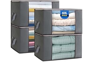 Boic Confezione da 4 sacchetti per vestiti con cerniera, 60 l, grandi scatole portaoggetti con coperchio, per biancheria da letto, con finestra trasparente, in tessuto non tessuto per trapunte