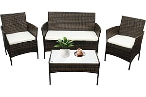 Holywarm Rattan Garden Furniture Set: 4-Piece Outdoor Patio Furniture Set with Table and Chairs, Garden Conversation Bistro Sofa Set for Yard, Pool, or Backyard (Brown + Beige Cushions)