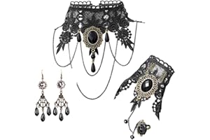 Aabellay Gothic Spitze Choker Halskette Armbänder Ohrringe Damen Schwarz Kette Gotisch Kostüm Fingerlose Handschuhe Retro Victorian Collier Vintage Halsband Halloween Halskette Set- FY008