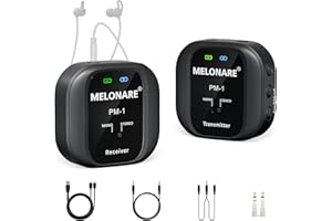 MELONARE PM-1 Wireless In-Ear Monitor System - UHF 500MHz, Low Latency, HD Audio, Beltpack Transmitter & Receiver, 10 Channels, Mono/Stereo Selection, IEM for Live Performance, Studio, Bands