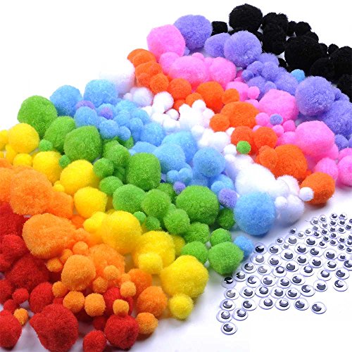 400 Stück 10-35 mm Bunte Mini Pompons Kinder zum Basteln toll Figuren und Dekoration mit 200 Stück runde Wiggle Glubschaugen Wackelaugen mit Selbstklebende - 2