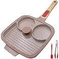 RANX INGST Divided Frying Pan with Lid 3 in 1, Non Stick Ceramic Coating, 26 cm Multi Section Egg Frying Pan with Detachable Handle Breakfast Pan - Brown