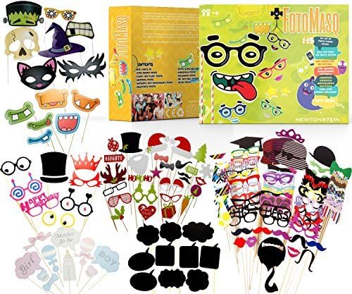 FotoMasq - 145pcs DIY Kit of photo booth props + glue and stick for selfies, themes for Mr and Mrs, Baby Showers, Masquerades, Weddings, Christmas, Birthdays, Anniversaries, Valentines, Prom, Kids parties, Halloween
